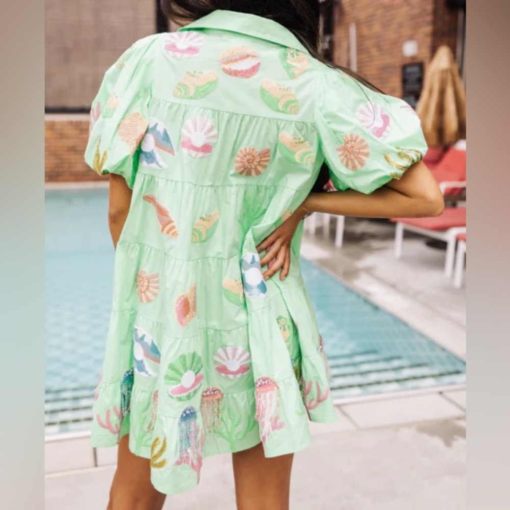 QUEEN OF SPARKLES Mint Green Embroidered Seaside Tiered Dress - Picture 2 of 14